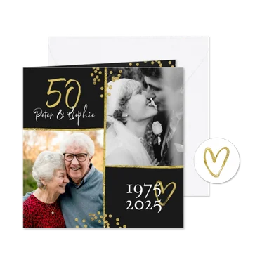 Jubileum uitnodigingskaart goud foto confetti hartje